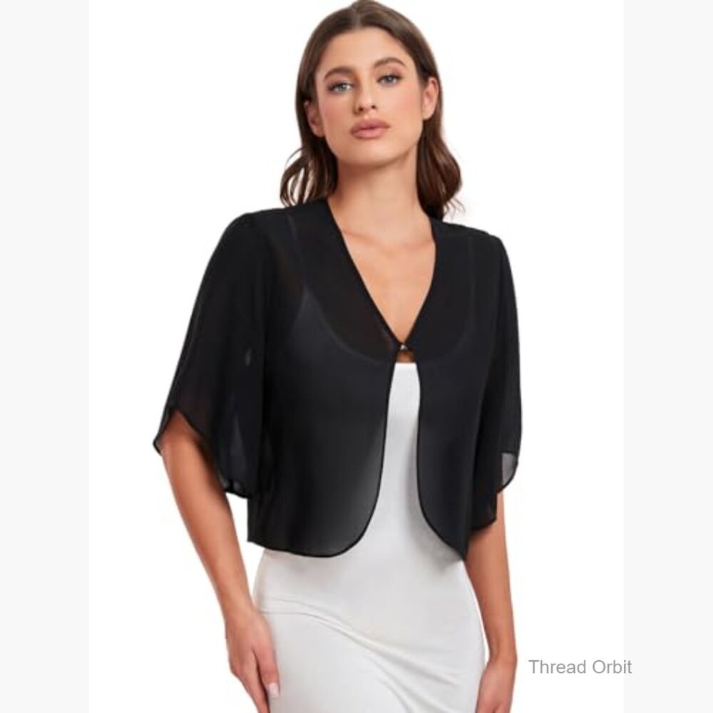 Large Chiffon Cropped Cardigan Shrug Short Sleeve Open Front Bolero - Picture 5 of 7